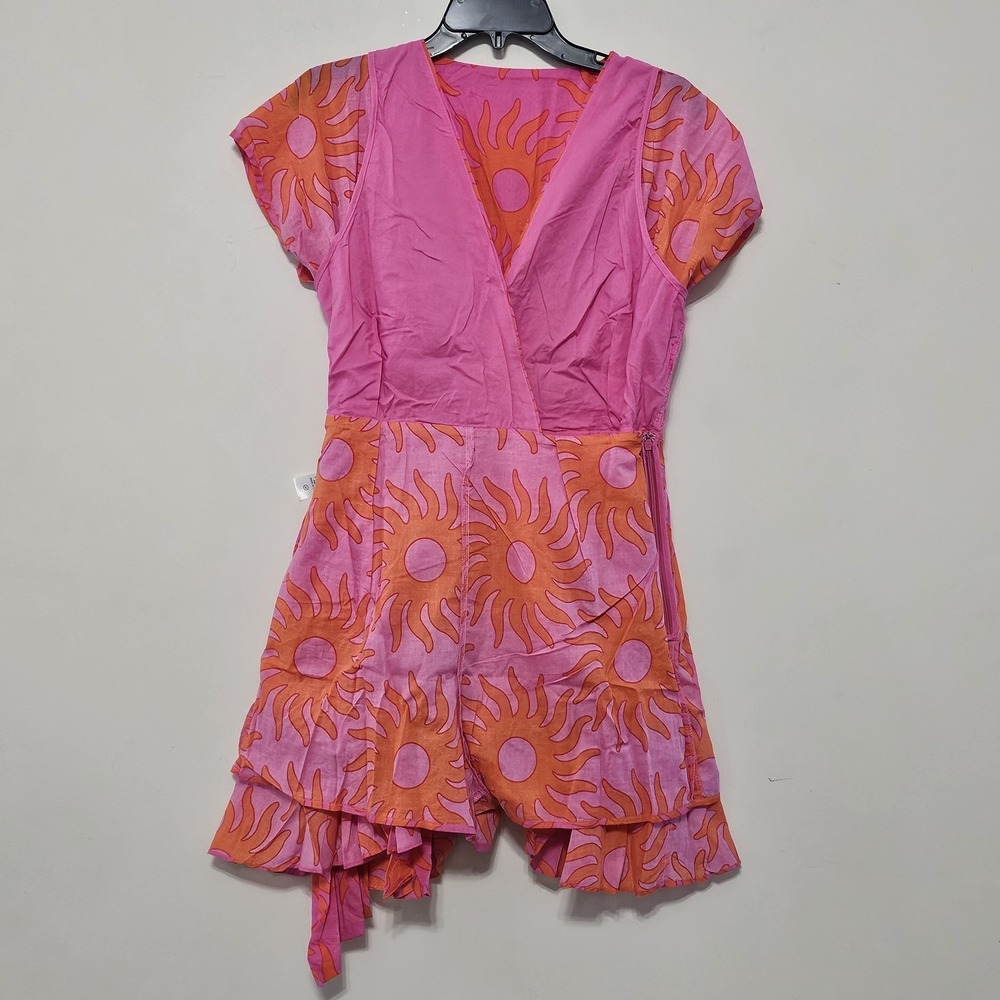 J Marie Women's Romper Medium Pink Orange Multicolor Belt Hem Wrap V-Neck 581 - Picture 6 of 16